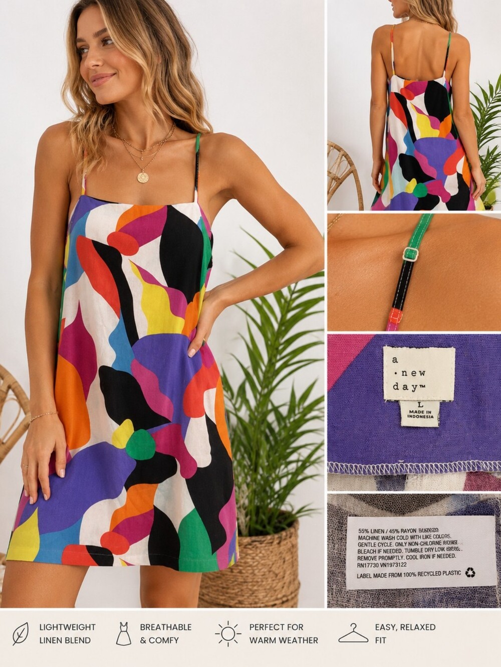 A New Day Linen Blend Abstract Print Slip Dress Spaghetti Strap Retro Large